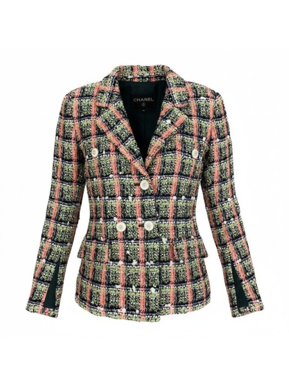Chanel Cd7 Line Sequin Blend Tweed Jacket CC Logo Button 34